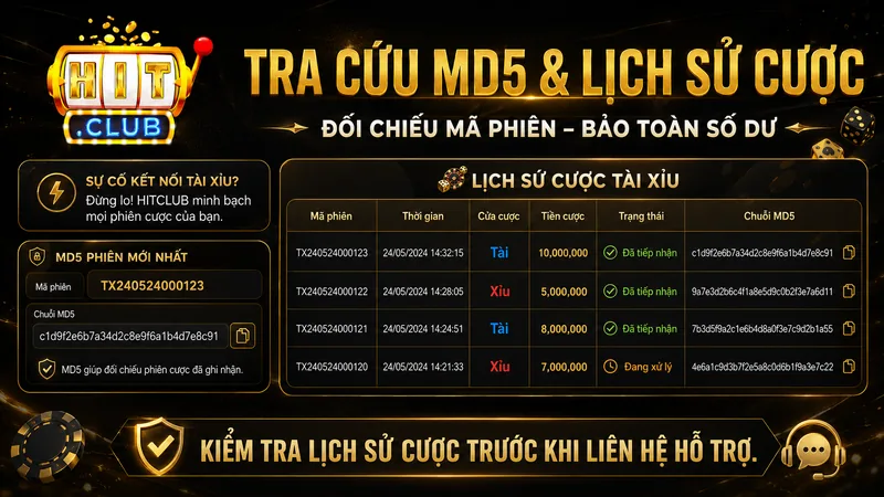 Tra cứu MD5 và lịch sử cược Tài Xỉu HITCLUB