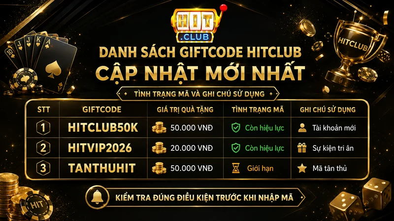 Danh sách Giftcode HITCLUB mới nhất và tình trạng mã