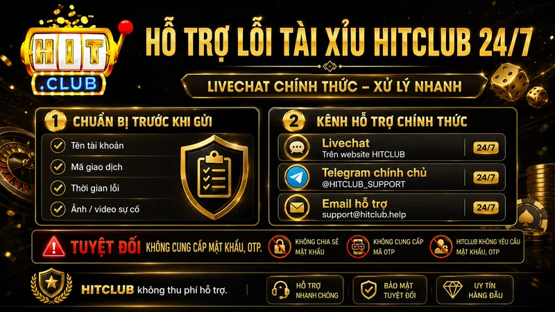 Liên hệ LiveChat hỗ trợ lỗi Tài Xỉu HITCLUB 24/7