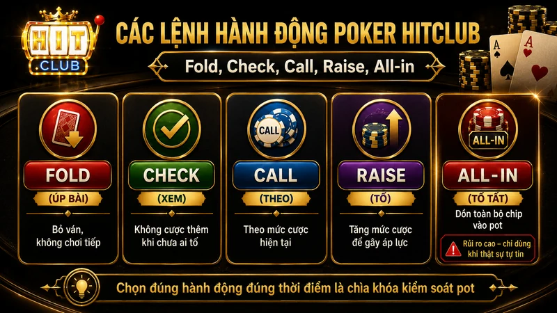 Các lệnh Fold Check Call Raise All-in Poker HITCLUB
