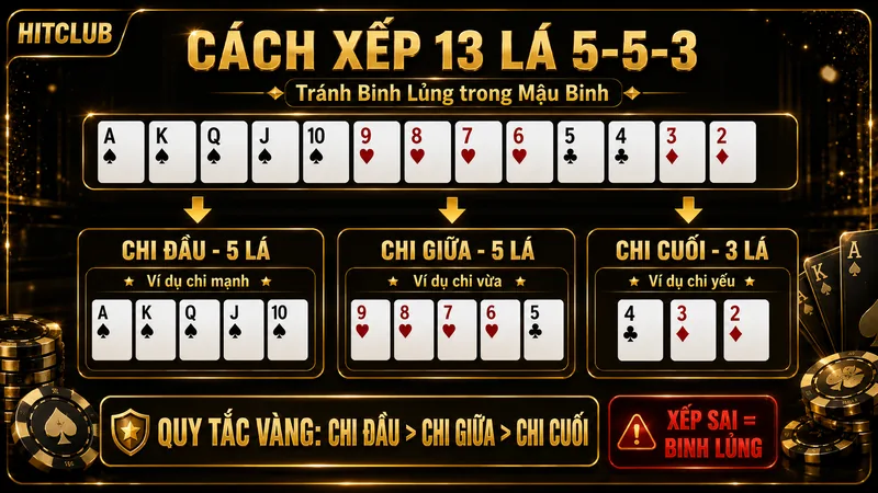 Cách xếp 13 lá 5-5-3 tránh Binh Lủng Mậu Binh HITCLUB