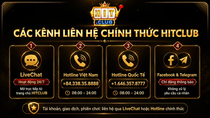 LiveChat và hai số hotline hỗ trợ chính thức của HITCLUB