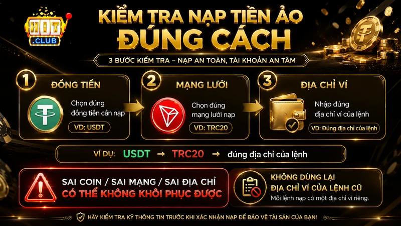 Kiểm tra đồng tiền mạng lưới và địa chỉ ví khi nạp tiền ảo HITCLUB