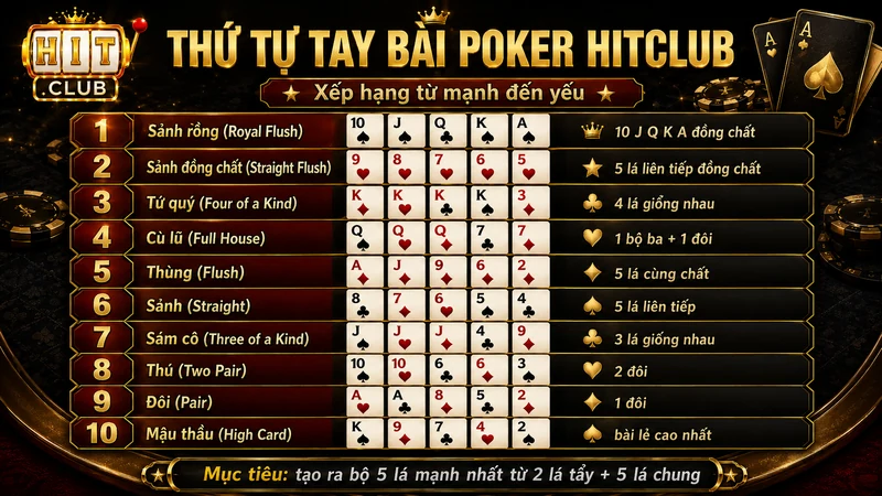 Thứ tự sức mạnh các tay bài Poker HITCLUB